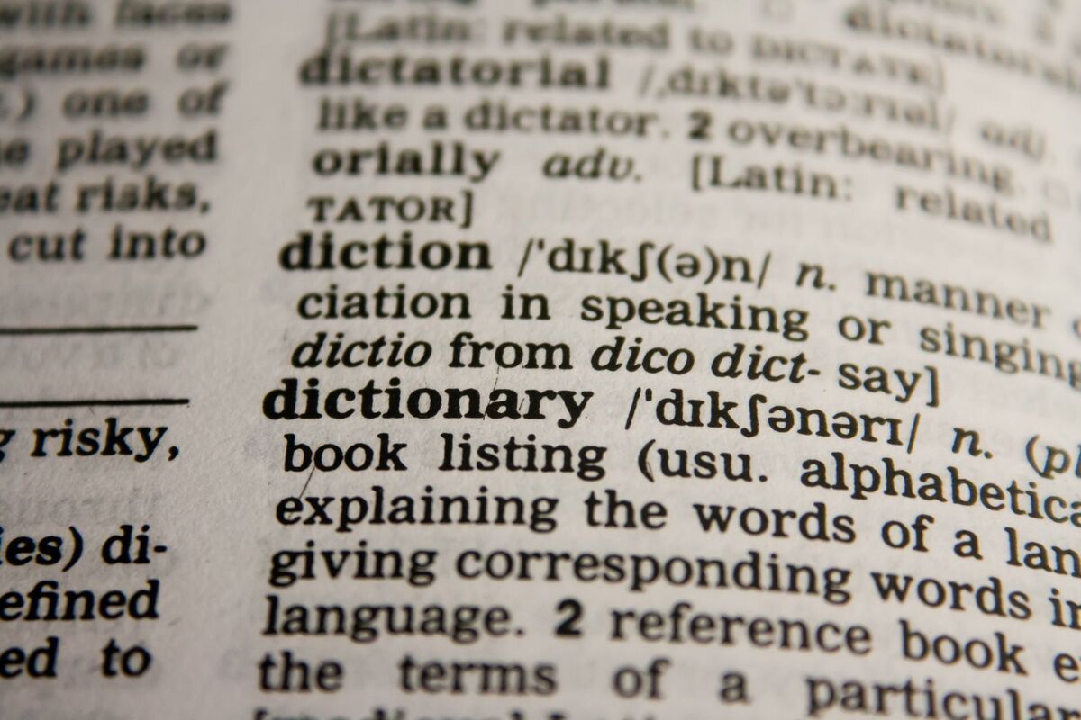 Primer plano de una página de diccionario con definiciones lingüísticas